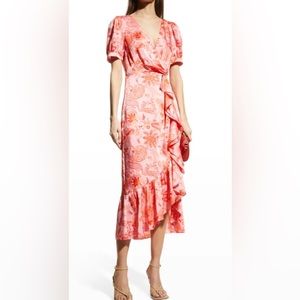 New Cinq À Sept Kay Faux-Wrap Floral Pink Ruffle Midi Dress  size 10